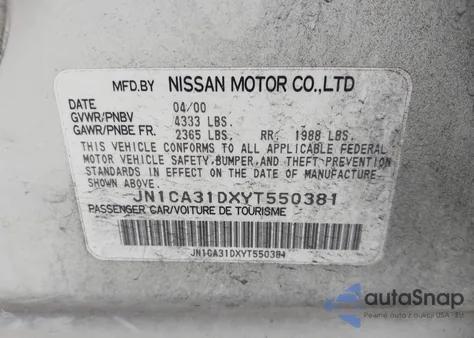 2000 Nissan Maxima Gle/Gxe/Se z USA, uszkodzony, nr VIN JN1CA31DXYT550381